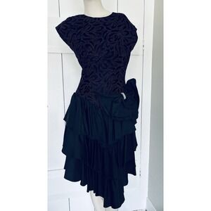 Vintage Filigree Ltd. Elegant Black Sparkle Party Cocktail Dress Satin Bow Sz 8
